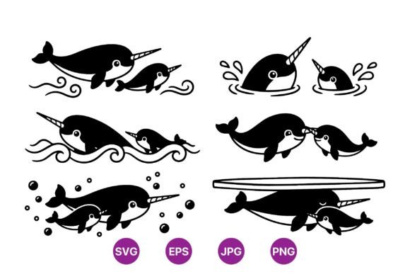 Cute Narwhal Mom and Baby SVG