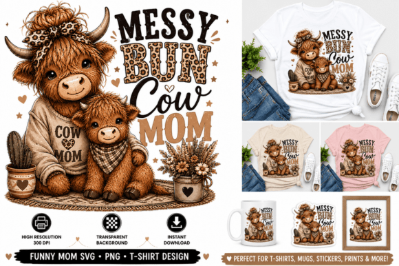 Messy Bun Cow Mom 🐄✨ PNG SVG